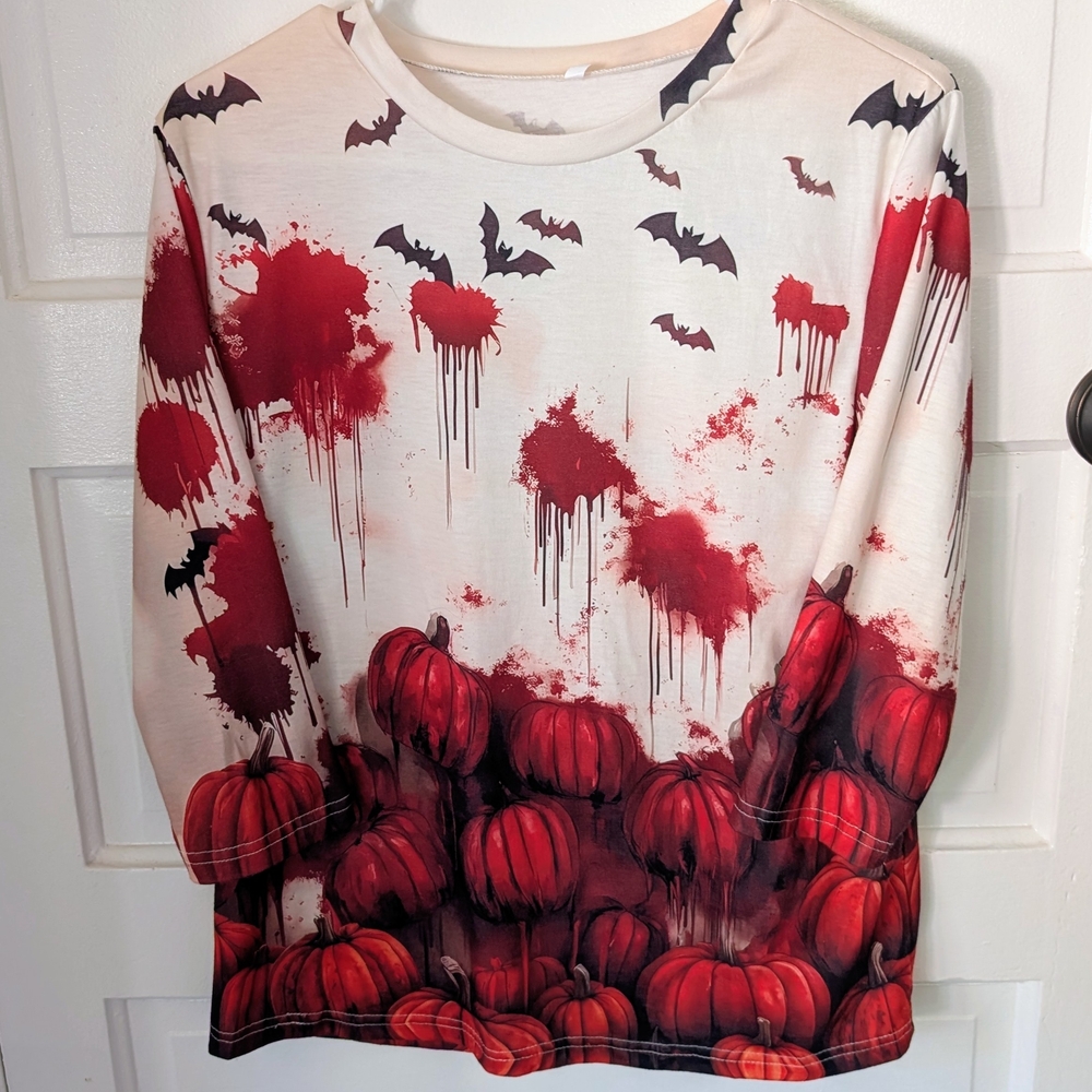 Women's Spooky Halloween Pumpkin and Bat Shirt Size Small Red White Black